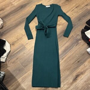 Ribbed Long Sleeve Tie-Waist Midi Dress - Teal Green
